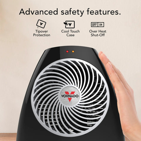 Compact Personal Space Heater With Vortex Heat Circulation For Cozy Safe Heat In Your Space 2 Heat Settings Plus Fan Only Mode Direct Heating Cool Touch Exterior Advanced Safety Features Black with safety icons and brand logo