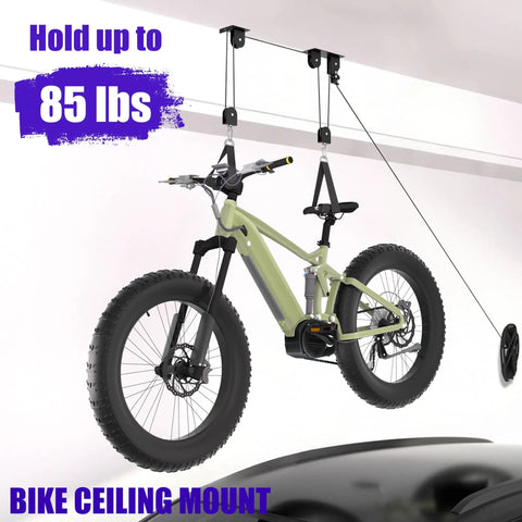 Heavy Duty Bike Hoist Lift System For Garage Ceiling Storage Up To 85 Lb Capacity Ebike Pulley Hoist With Mounted Bike
