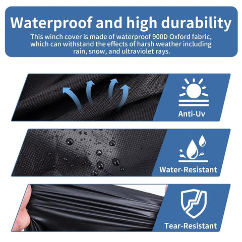 Beefed-Up Waterproof Winch Cover For 8000-13500 Lb Winches, Heavy-Duty 900D Oxford Fabric With PVC Coating, Reflective Ribbon, All-Weather Protection Against The Elements showing waterproof, UV, water-resistant, and tear-resistant material