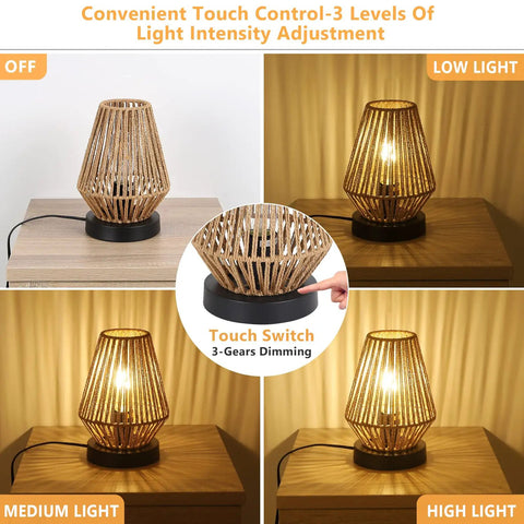 Cozy Boho Rattan Table Lamps Set Of 2 With Touch Control 3 Way Dimmable Nightstand Lamps showcasing light intensity levels
