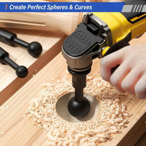 BURMONG 3-PC sphere rotary burr set attached to an angle grinder carving wood.