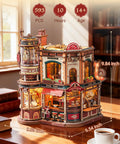 Dream Coffee Factory Mechanical 3D Wooden Puzzle Kit with moving LED lights on a table, detailed coffee scene, 593 pieces.