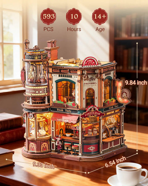 Dream Coffee Factory Mechanical 3D Wooden Puzzle Kit with moving LED lights on a table, detailed coffee scene, 593 pieces.