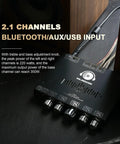 Top view of Beefy 2.1 Channel Bluetooth Amplifier Board with Subwoofer for Home Theater and Car Audio, showing input knobs and cables.