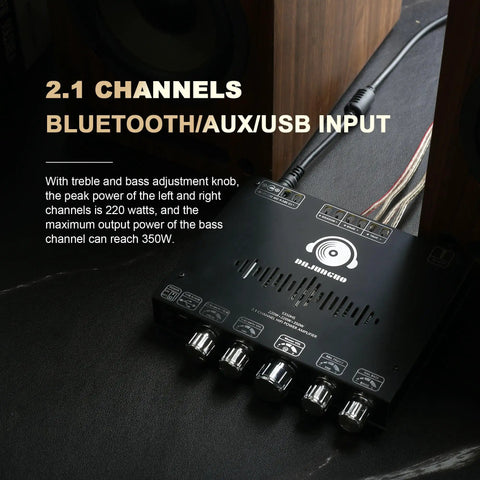 Top view of Beefy 2.1 Channel Bluetooth Amplifier Board with Subwoofer for Home Theater and Car Audio, showing input knobs and cables.