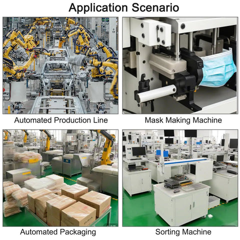 Application scenarios showing automated production line, mask making machine, automated packaging, and sorting machine in use.
