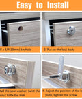 Enhance security with a 5/8 inch cabinet lock set featuring keyed alike keys, installation steps shown on wood drawer panel