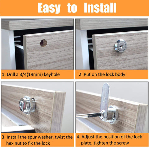 Enhance security with a 5/8 inch cabinet lock set featuring keyed alike keys, installation steps shown on wood drawer panel
