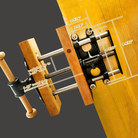 Nine Inch Quick Release Workbench Front Vise With Heavy Duty Cast Iron Body, showing measurements and features on a wooden surface.