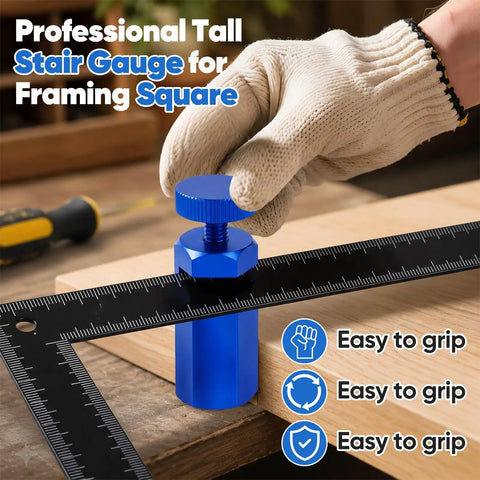 Stair Gauge Set For Framing Square With Holder For Circular Saw Guide And Carpentry Tools Hexagonal Lock And Hook Keeps Wood At A Perfect 90 Degree Angle blue aluminum gauge on framing square