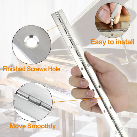Heavy Gauge 10 Inch Piano Hinge Slick Silver Steel Continuous Strap Straight Up Durable Hardware For Cabinet Doors And Diy Woodcraft Boxes. Close-up of hinge showing installation hole and smooth movement.