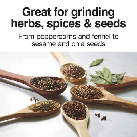 Fresh Grind Electric Coffee Grinder for 12 Cups with wooden spoons of spices, highlighting grinder's versatility for herbs and seeds.