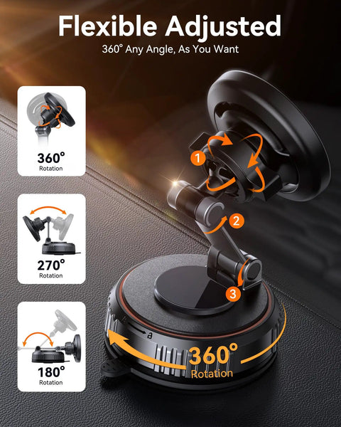 MagSafe Car Mount with Ultra Strong Vacuum Suction Base and 360 Degree Rotating Dashboard and Windshield Holder flexibility diagram