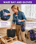Woman using General Household Tool Set For Women And DIYers With A Purple Hand Tool Kit And Waist Pouch And Gloves For Everyday Home Repairs DIY Projects Crafts 112 Tools Hammer Pliers Tape Measure Screwdrivers Utility Knife.