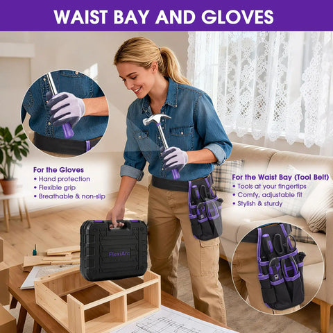Woman using General Household Tool Set For Women And DIYers With A Purple Hand Tool Kit And Waist Pouch And Gloves For Everyday Home Repairs DIY Projects Crafts 112 Tools Hammer Pliers Tape Measure Screwdrivers Utility Knife.
