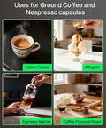 Variety of coffee drinks including Italian coffee, affogato, espresso martini, and flavored roast, made with a 3 in 1 universal coffee machine for Nespresso Original Line pods K Cup pods and ground coffee one touch brew 19 bar programmable espresso maker with 20 ounce removable water tank and 1450 watt fast heat for home barista vibes.