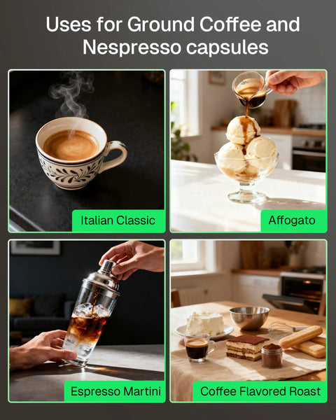 Variety of coffee drinks including Italian coffee, affogato, espresso martini, and flavored roast, made with a 3 in 1 universal coffee machine for Nespresso Original Line pods K Cup pods and ground coffee one touch brew 19 bar programmable espresso maker with 20 ounce removable water tank and 1450 watt fast heat for home barista vibes.