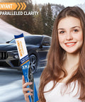 Premium Top Shelf All Weather Windshield Wiper Blades 18 Plus 18 Inch Pair, heavy duty, held by woman, car in background.