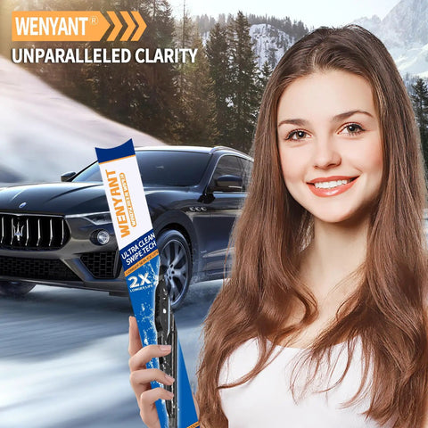 Premium Top Shelf All Weather Windshield Wiper Blades 18 Plus 18 Inch Pair, heavy duty, held by woman, car in background.