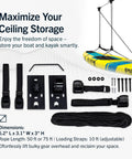 Kayak And Canoe Ceiling Hoist For Garage Storage, Heavy Duty Pulley System With Adjustable Straps, Supports Up To 150 Lbs shown with accessories