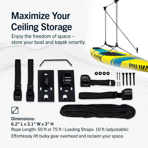 Kayak And Canoe Ceiling Hoist For Garage Storage, Heavy Duty Pulley System With Adjustable Straps, Supports Up To 150 Lbs shown with accessories