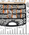 312 Piece Hex Bolts And Nuts Kit In 304 Stainless Steel With Flat And Spring Washers, Includes 14 Bolt Sizes From 1/4-20 To 1/2-13, Nuts And Washers, Heavy Duty Hardware Set For Home, Garage, And Workshop Projects in a compartmentalized tool box.