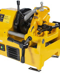 Heavy Duty Workhorse Power Pipe Threader Machine With Self Oiling Die Head Plays Nice With Ridgid Dies Knocks Out One And A Half Inch Threads Quick Complete Kit With Cutter And Reamer, yellow with levers.