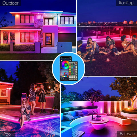60Ft Outdoor Waterproof LED Strip Lights With Music Sync RGB IP65 illuminating a house, pool, rooftop, and backyard with app control