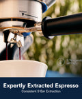 Top Shelf Compact Espresso Machine With Automatic Steam Wand Three Brew Temps Milk Foam Settings Dishwasher Safe Parts 15 Bar Pressure Stainless Steel Design That Hits Different extracting espresso into a white cup.