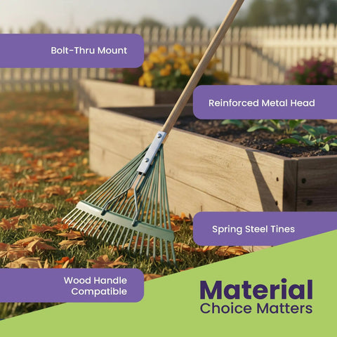 Leaf Rake Head With Deluxe Spring, 24 Inch Wide Metal Rake With 24 Tines, Bolt Through Design for yard cleanup with leaves and grass clippings