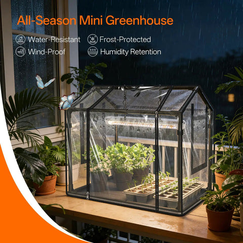 Compact Indoor Greenhouse With 18W Grow Light For Seed Starting And Year Round Home Grower Friendly Indoor Gardening, EVA Tent With PET Base Mat, Vent Windows And Zippered Door, Timer Included, Tabletop Size 23.8 By 15.7 By 20.5 Inches