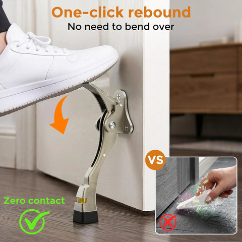 Kickdown Door Stoppers Bottom Mount Foot Pedal Latch in action, easy one-click operation with a shoe pressing to hold the door open.