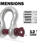 Professional Grade Screw Pin Anchor Shackle dimensions with 1-1/4 inch width and 1-3/8 inch pin, load rated 12 ton.
