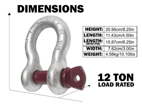 Professional Grade Screw Pin Anchor Shackle dimensions with 1-1/4 inch width and 1-3/8 inch pin, load rated 12 ton.
