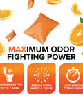 Premium Orange RV Toilet Drops Featuring Reactive Odor Eliminating Technology That Kicks Black Tank Stench To The Curb For A Chill Camper Cleanup A Solid 30 Pack with orange pods and citrus slices.