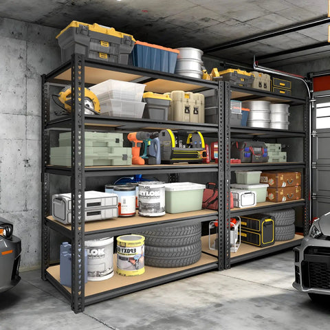 Heavy Duty 5-Tier Garage Shelving Unit With 2400 Lb Capacity, Adjustable Steel Storage Racks For Carport, Warehouse Or Basement, 72 Inch High By 40 Wide By 20 Deep, Industrial Grade Organization, loaded in garage