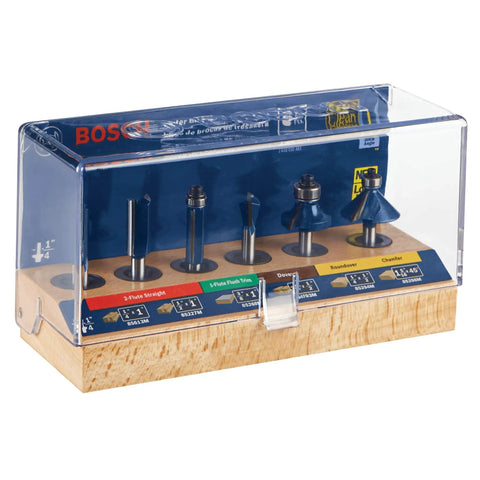 Six Piece One Quarter Inch Shank Carbide Tipped Router Bit Set With Storage Case For Straight Cuts Trimming Decorative Edging