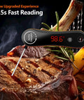 0.5s Instant Read Digital Meat Thermometer with Auto Rotating Backlit Display checking steak temperature on grill