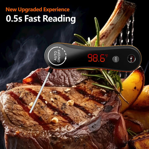 0.5s Instant Read Digital Meat Thermometer with Auto Rotating Backlit Display checking steak temperature on grill