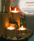 Indoor Tabletop Tiered Water Fountain With 3 Candles, 11 Inch Brown, Cozy Desk Setup Water Feature For Desk, Office Or Bedroom, Chill Vibes And Ambient Decor For A Peaceful Atmosphere with lit tealight candles