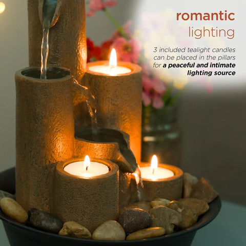 Indoor Tabletop Tiered Water Fountain With 3 Candles, 11 Inch Brown, Cozy Desk Setup Water Feature For Desk, Office Or Bedroom, Chill Vibes And Ambient Decor For A Peaceful Atmosphere with lit tealight candles