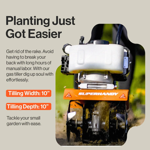Beast Compact Gas Powered Mini Tiller Cultivator With 52cc Engine 1.8HP in action with 10 inch tilling width and depth.