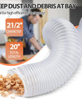 Two And A Half Inch By Three Foot Ultra Flex Puncture Resistant PVC Dust Collection Hose With Stainless Steel Clamps For Woodworking Shops Tough As Nails Ducting That Keeps Sawdust In Check shown collecting wood shavings