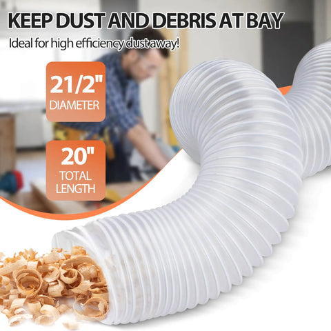 Two And A Half Inch By Three Foot Ultra Flex Puncture Resistant PVC Dust Collection Hose With Stainless Steel Clamps For Woodworking Shops Tough As Nails Ducting That Keeps Sawdust In Check shown collecting wood shavings