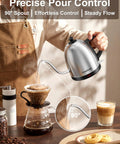 Person using Gooseneck Electric Kettle 1L Stainless Steel Pour Over Teapot for Coffee and Tea BPA Free Fast Heating Auto Shut Off
