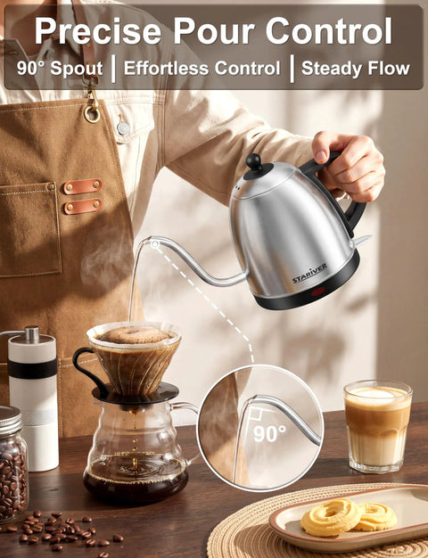 Person using Gooseneck Electric Kettle 1L Stainless Steel Pour Over Teapot for Coffee and Tea BPA Free Fast Heating Auto Shut Off