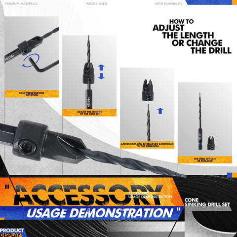 Usage demonstration of the 15 Piece Countersink Drill Bit Set With 2 Wood Plug Cutters 3/8 And 1/2 Inch and accessories.