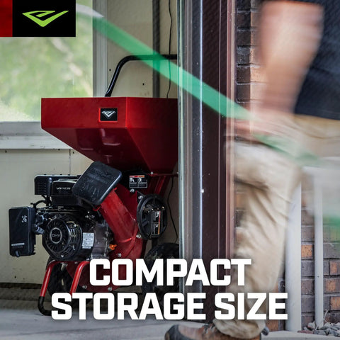 Heavy Duty 212cc 4 Cycle Chipper Shredder compactly stored with airless wheels in garage corner, showing storage efficiency