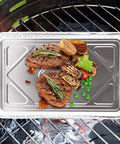 50 Pack Half Size Aluminum Pans Disposable Cookie Sheets Nonstick Baking Trays Foil Pans with food on grill