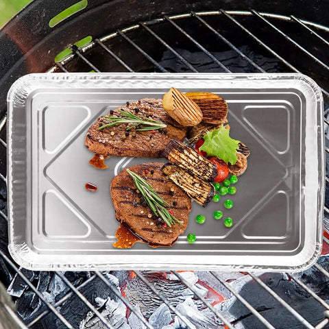 50 Pack Half Size Aluminum Pans Disposable Cookie Sheets Nonstick Baking Trays Foil Pans with food on grill